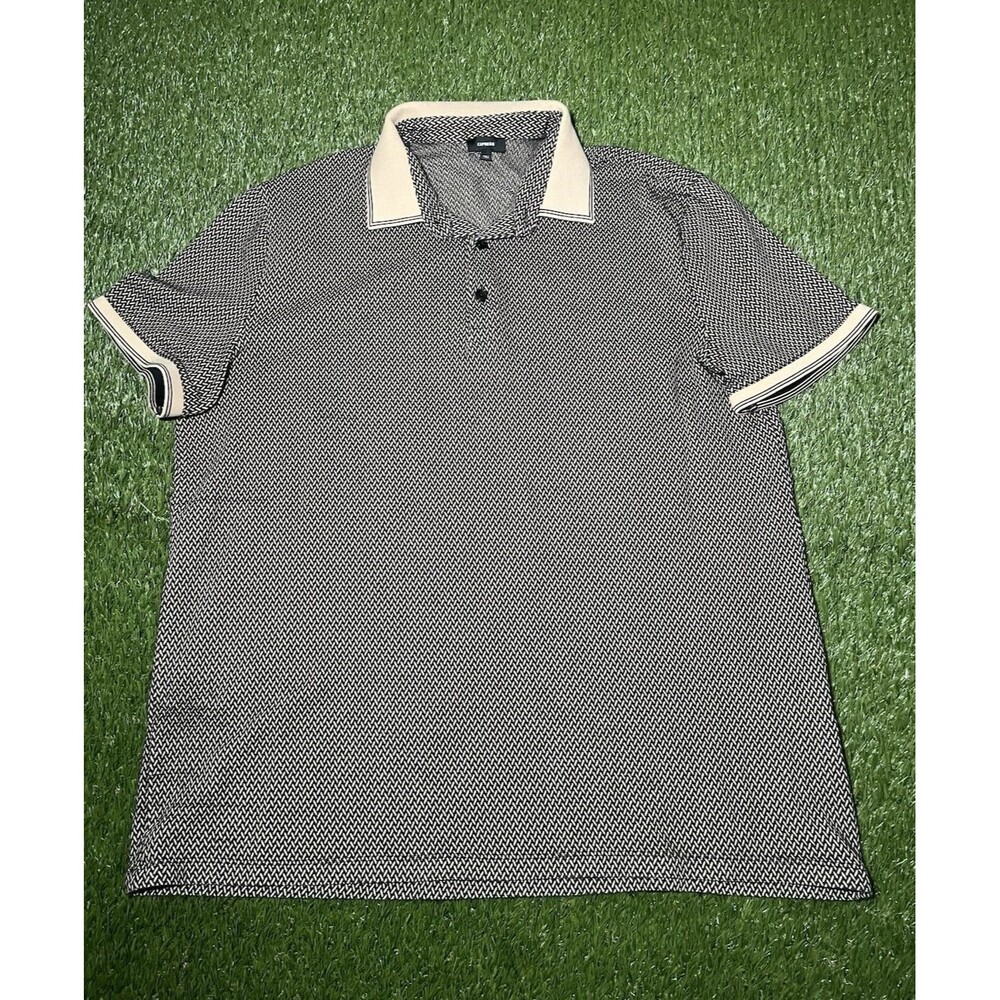 Express Men's L Short Sleeve Polo Shirt Geometric Knit Black White